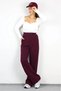 Women's Burgundy High Waist Velcro Pleated Wide Leg Crepe Fabric Trousers with Pockets - 4