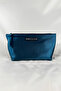Set of 2 Makeup Bags - Metallic Blue Italian Fabric, Beige Lining - 4