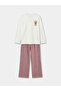 Ecru Crew Neck Printed Girls' Pajama Set