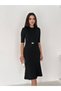 Women's Black Short Sleeve Belt Detailed Midi Dress - 6