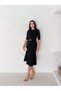Women's Black Short Sleeve Belt Detailed Midi Dress - 2