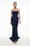 Women's Navy Blue Slim Fit Strapless Neck Sequined Long Evening Dress