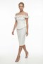 Women's White Boat Neck Floral Detailed Midi Promise Engagement Wedding Evening Dress