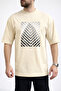 Men's V-Shaped Stripe and Building Image Printed Crew Neck Beige T-Shirt