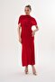 Women's Red High Collar Draped Midi Dress with Drawstring Detail - 4