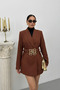 Women's Stylish Double-Breasted Lapel Padded Shoulders Gold Belt Detail Blazer Jacket