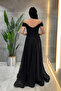 Silvery Fabric Boat Neck Evening Dress - Black - 5