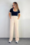 Women's Beige High Waist Pleated Wide Leg Palazzo Pants with Pockets and Velcro Closure at the Waist - 4