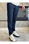 Men's Slim Fit Fabric Trousers with Elastic Waist Navy Blue Eca040 - 2