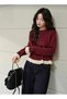 Women's Burgundy Crew Neck Long Sleeve Oversized Lace Detailed Soft-Textured Knitwear Sweater Blouse - 4