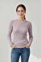 Women's Light Lilac Boat Neck Slim Fit Fitted Long Sleeve Ribbed Blouse - 2