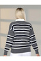 Women's Anthracite Striped Polo Collar Buttoned Long Sleeve Oversize Soft Textured Knitwear Sweater - 3