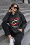 Women's Anthracite Cherry Printed Oversize Hooded Sweatshirt Hoodie - 3