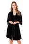 Women's Black Velvet Capri Sleeve Lace Detail Dressing Gown