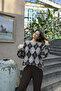 Gray Baklava Pattern Crew Neck Oversize Women's Knitwear Sweater