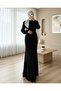 Eye-Catching Modern Stylish Long Hijab Evening Dress with Draped Front and Stones - 3
