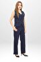 Women's Navy Blue Pinstripe Patterned Buttoned Vest and Wide-Leg Trousers Two-Piece Set