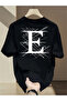 Unisex Oversize E Printed Cotton Crew Neck Short Sleeve Black T-Shirt
