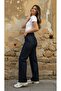 Dark Blue Navy Blue Wide Leg Cropped Leg Lycra-Free Palazzo Jeans Palazzo Trousers - 4