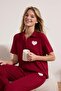 Bordo Kalp Nakışlı Yakalı Viskon Örme Pijama Takımı THMSS26PT00049