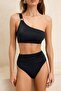Siyah Tek Omuz Aksesuar Detaylı Kaplı Süper Yüksek Bel Regular Bikini Takımı TBESS26BT00012 - 3