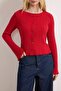 Kırmızı Jakarlı Fitted/Vücuda Oturan Düğme Detaylı Esnek Örme Bluz TWOAW26BZ00046 - 3