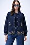 Navy Blue Double Pocket Button Closure Ethnic Embroidered Oversize Jean Jacket