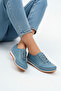 Genuine Leather Denim Blue Women's Leather Ballet Flats Dp16-0061
