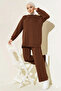 Women's Islamic Clothing Modal Fabric Crew Neck Tunic Top and Bottom Set Brown - 6