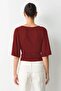 Burgundy Gathered Waist Bat Sleeve Open Shoulder Blouse Mg2672 - 4