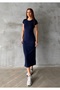 Women's Navy Blue Crew Neck Stretchy Long Dress - 2