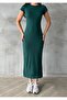 Women's Green Crew Neck Stretchy Long Dress - 4