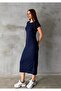 Women's Navy Blue Crew Neck Stretchy Long Dress - 4