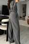 Gray Shirt Trousers Two-Piece Set with Cuff Detail and Shawl-Cape Collar - 4