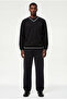 Regular Fit Long Sleeve Fleece-Lined Striped Detail V-Neck Sweatshirt - 2