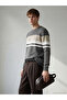 Khaki Crew Neck Striped Men's Knitwear Sweater
