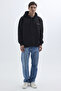Unisex Oversize Wide Cut Cotton Soft Textured Fleece Inside Printed Black Hooded Sweatshirt - 5