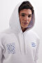 Unisex Oversize Wide Cut Cotton Soft Textured Printed White Hooded Sweatshirt with Fleece Inside - 2