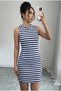 Women's Navy Blue Striped Hooded Kangaroo Pocket 2 Thread Knitted Fabric Hidden Zipper Sports Dress - 3