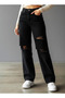 Serenay Women's High Waist Black Ripped Wide Leg Jeans Lycra Denim Trousers