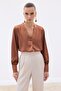 V-Neck Satin Blouse - Brown - 2