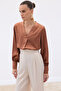 V-Neck Satin Blouse - Brown - 3
