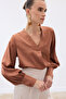 V-Neck Satin Blouse - Brown - 7