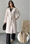 Women's Beige Belted Pocketed Lined Raglan Sleeve Long Cashmere Coat Nbg120