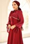 Yoryo Silk Crepe Combination Hijab Evening Dress with Lace and Pearl Detailing Bordo 1685 - 4
