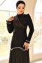 Pearl Pleated Detailed Crepe Yoryo Silk Combination Hijab Evening Dress Black 1684 - 4