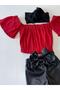 Girls' Stretch Fabric Leather Bow Detail Pants Red Strapless Cropped Blouse and Headband Set. - 7