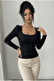 Women's Balloon Sleeve Square Neck Ribbed Stretch Fabric Black Blouse - 5