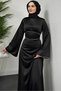 Satin Evening Dress with Stones on the Sleeves and Waist in Black - 2