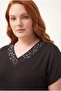 Women's Large Size Collar and Skirt Leopard Stone Detail Black Blouse - 4